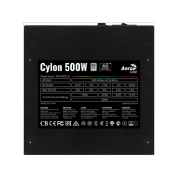 Блок питания Aerocool 500W Retail Cylon 500W, ATX v2.4, сертификат 80+, 13 режимов RGB-подсветки, 20+4P x1, 4+4P x1, PCIe 6+2P x2, PATA x3, SATA x5