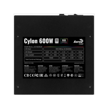 Блок питания Aerocool 600W Retail Cylon 600W, ATX v2.4, сертификат 80+, 13 режимов RGB-подсветки, 20+4P x1, 4+4P x1, PCIe 6+2P x2, PATA x3, SATA x5