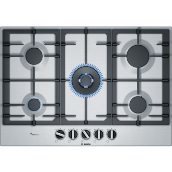 Встраиваемая варочная панель BOSCH Газовая варочная панель 75см, 5 конфорок, FlameSelect, чугунные решетки, газ-контроль, автоматический поджиг, сталь