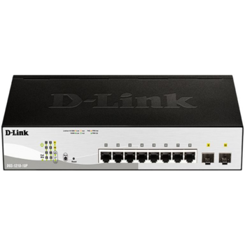 Коммутатор D-Link DGS-1210-10P/FL1A, L2 Managed Switch with 8 10/100/1000Base-T ports and 2 1000Base-X SFP ports (8 PoE ports 802.3af/802.3at (30 W), PoE Budget 65 W).8K Mac address, 802.3x Flow Control, 256 of