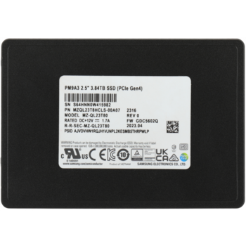 Твердотельный накопитель Твердотельный накопитель/ Samsung SSD PM9A3, 3840GB, U.2(2.5" 7mm), NVMe, PCIe 4.0 x4, 3D TLC, R/W 6900/4100MB/s, IOPs 1 000 000/180 000, TBW 7008, DWPD 1 (12 мес.)