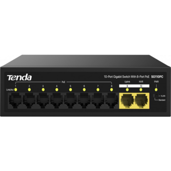 Коммутатор Коммутатор/ Tenda SG110PC Коммутатор неуправляемый PoE, 10 портов, 10x1 Гбит/с, PoE 8х30 Вт, 2хUplink, настольный