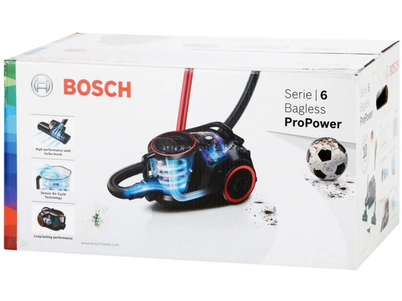 Пылесос Bosch Пылесос Bosch/ Пылесос Bosch, безмешковый, напольный, емкость пылесборника 2.4 л, сухая уборка, фильтр НЕРА, цвет черный/красный