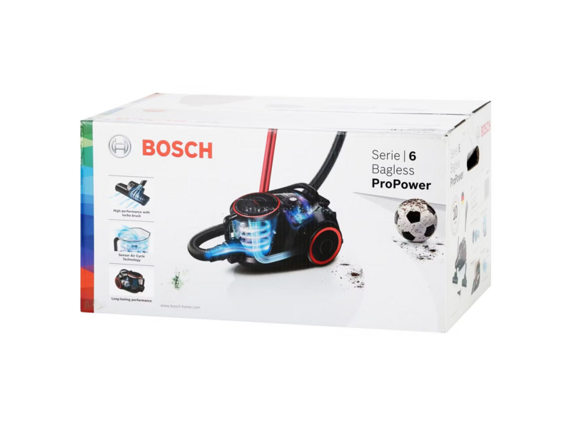 Пылесос Bosch Пылесос Bosch/ Пылесос Bosch, безмешковый, напольный, емкость пылесборника 2.4 л, сухая уборка, фильтр НЕРА, цвет черный/красный