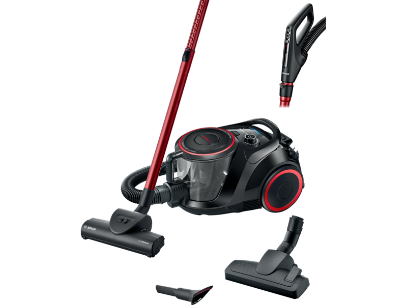 Пылесос Bosch Пылесос Bosch/ Пылесос Bosch, безмешковый, напольный, емкость пылесборника 2.4 л, сухая уборка, фильтр НЕРА, цвет черный/красный