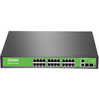 Коммутатор Digma DSP224F-2C-R400 DSP224F-2C-R400 V1 (L2) 24x100Мбит/с 2xКомбо(1000BASE-T/SFP) 24PoE 24PoE+ 400W неуправляемый