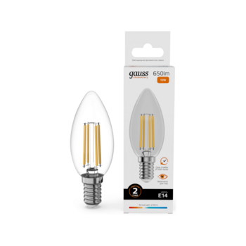 Лампа филам. Gauss Filament 10Вт цок.:E14 свеча 220B св.свеч.бел.теп. (упак.:10шт) (32110)