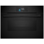 Встраиваемая электрическая духовка BOSCH Accent Line. Компактный духовой шкаф-пароварка, черный, 14 режимов + комбинированные режимы, функция приготовление на пару 100%, 4-слойное остекление, 3 цветных текстовых TFT-дисплея 2,5" с сенсорным управлением, C