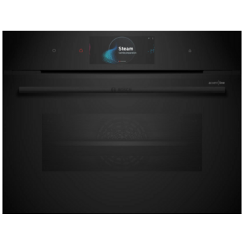 Встраиваемая электрическая духовка BOSCH Accent Line. Компактный духовой шкаф-пароварка, черный, 14 режимов + комбинированные режимы, функция приготовление на пару 100%, 4-слойное остекление, 3 цветных текстовых TFT-дисплея 2,5" с сенсорным управлением, C