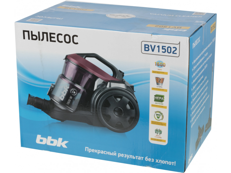Пылесос BBK BV1502 (B/DC) black (Мощность 300/1600 Вт, Циклонный фильтр, Объем пылесборника 2л) (BV1502 (B/DC))