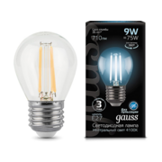 Лампа филам. Gauss 9Вт цок.:E27 шар 220B 4100K св.свеч.бел.нейт. G45 (упак.:10шт) (105802209)