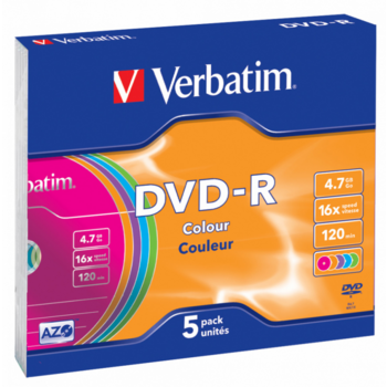 Verbatim Диски DVD-R Verbatim 16-x, 4.7 Gb (Color, Slim Case, 5 шт) (43557)